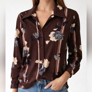 Vintage Long Sleeved Brown Floral Striped Brown Blouse sz Large Disco Collar 70s